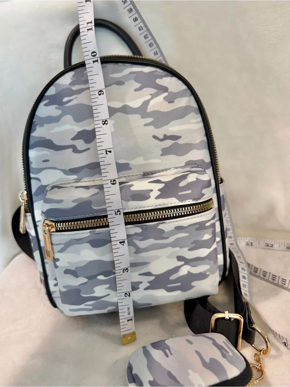 Gray Camo Mini Backpack Convertable Handbag, Adjustable Straps & Gold Hardware